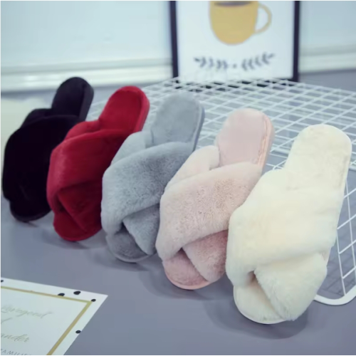 fashion woman ladies fuzzy fluffy faux rabbit fur indoor home plush cross open toes slipper